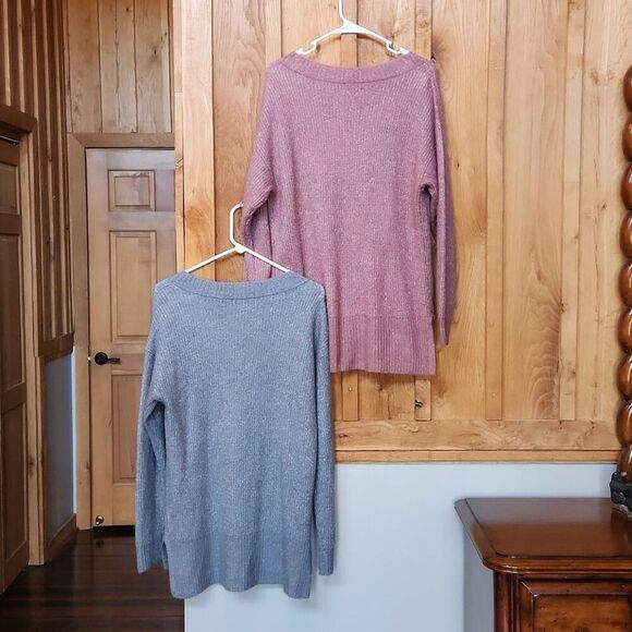 Nine West V-Neck Metallic Tunic Knit Sweater Bundle, Medium, Pink & Silver Grey - Picture 2 of 7